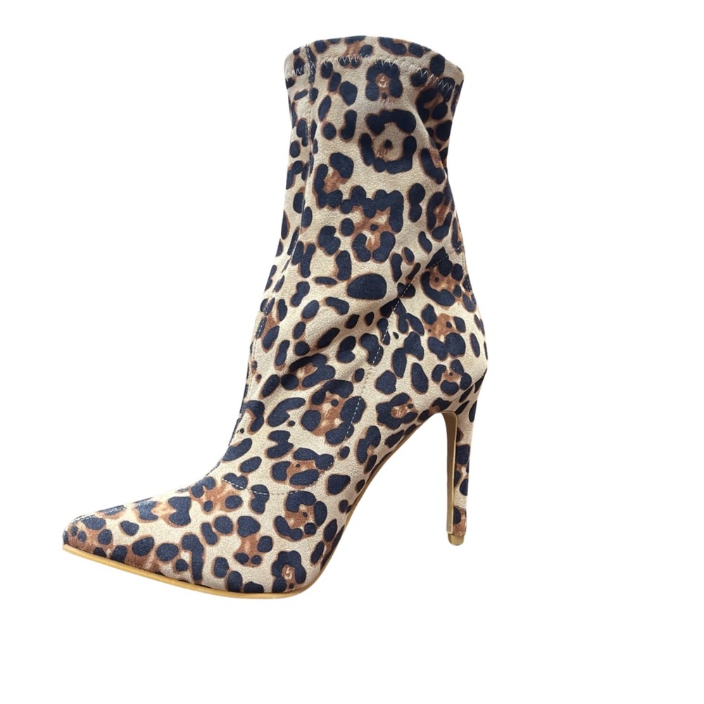 Faux suede cheetah print slouchy heel bootie